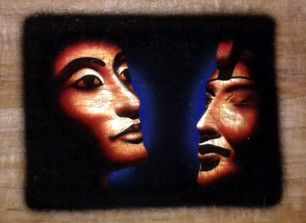 Egyptian Papyrus Painting: Profiles of Akhenaten and Nefertiti
