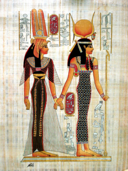 Isis leading Queen Nefertari in the after life, hand painted papyrus